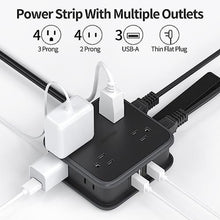 Load image into Gallery viewer, NTONPOWER Flat Plug Power Strip, 5 ft Extension Cord with 8 Widely Outlets and 3 USB Ports, 3 Side Outlet Extender, Wall Mount, Overload Potection, Compact Power Strip for Home, Dorm Room Essentials, Black_935