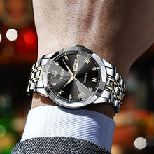 Load image into Gallery viewer, OLEVS Black Watches for Men Diamond Business Dress Analog Quartz Stainless Steel Date Two Tone Luxury Casual Fashion Wrist Watch Waterproof Luminous Gold_2501