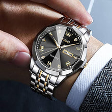 Load image into Gallery viewer, OLEVS Black Watches for Men Diamond Business Dress Analog Quartz Stainless Steel Date Two Tone Luxury Casual Fashion Wrist Watch Waterproof Luminous Gold_2502