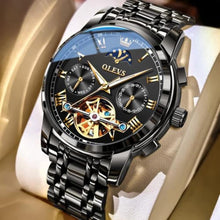 Load image into Gallery viewer, OLEVS Mens Automatic Watches Skeleton Tourbillon Mechanical Self Winding Luxury Dress Wrist Watch Moon Phase Waterproof Luminous Watch Gifts, blackstrapblackdial_1227