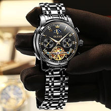 Load image into Gallery viewer, OLEVS Mens Watch Automatic Mechanical Tourbillon Self Winding Black Watch Luxury Stainless Steel Date Calendar Week Waterproof Luminous Wrist Watch, BlackstrapBlackface_1214