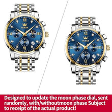 Load image into Gallery viewer, OLEVS Watch Men Silver Stainless Steel Blue and Gold Mens Watches Luminous Waterproof Moon Phase Watches for Men Big Face Chronograph Analog Quartz Wrist Watch for Man Luxury Reloj de Hombre, SilverGoldBlueFace_1433