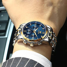 Load image into Gallery viewer, OLEVS Watch Men Silver Stainless Steel Blue and Gold Mens Watches Luminous Waterproof Moon Phase Watches for Men Big Face Chronograph Analog Quartz Wrist Watch for Man Luxury Reloj de Hombre, SilverGoldBlueFace_1434