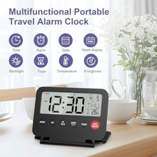 Load image into Gallery viewer, OQIMAX Digital Travel Alarm Clock, Battery Powered LCD Alarm Clock Display Date & Day, Temperature, Foldable Bedside Clock with Backlight & Snooze, 12/24H, Countdown Function, for Bedroom, Travel, Black_5653