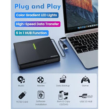 Load image into Gallery viewer, ORIGBELIE External CD DVD Drive, 4 USB & 2 TF/SD Card Ports & Carrying Case, Black_7450