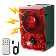 Load image into Gallery viewer, OUDAER Solar Outdoor Motion Sensor Alarm - Dog Barking & Gunshot Sound, Support Recording and Volume Adjustment, 130dB Noise with Flashing Light to Deter Raccoon, Deer, Skunk, Bear, Coyote, GreenRed_1