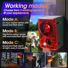 Load image into Gallery viewer, OUDAER Solar Outdoor Motion Sensor Alarm - Dog Barking & Gunshot Sound, Support Recording and Volume Adjustment, 130dB Noise with Flashing Light to Deter Raccoon, Deer, Skunk, Bear, Coyote, GreenRed_1352