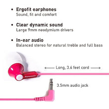 Load image into Gallery viewer, Panasonic ErgoFit Wired Earbuds, In-Ear Headphones With Dynamic Crystal-Clear Sound And Ergonomic Custom-Fit Earpieces (S/M/L), 3.5mm Jack For Phones And Laptops, No Mic - RP-HJE120-P (Pink)_98