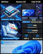 Load image into Gallery viewer, GMKtec Mini PC N100, Preinstalled Windows 11 Pro, G3 Intel Alder Lake N100 (3.4GHz), 8GB DDR4 RAM 256GB PCIe M.2 SSD, Desktop Computer 4K Dual HDMI/USB3.2/WiFi 6/BT5.2/2.5G RJ45 for Office, Business