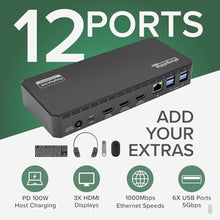 Load image into Gallery viewer, Plugable USB C Triple Display Docking Station | 100W PD, 3x HDMI (1x 4K 30Hz, 2x 1080p 60Hz), 6x USB 5Gbps Ports | Windows, macOS, ChromeOS Compatible - Enhance Productivity with Multi-Monitor Support, Black_2919