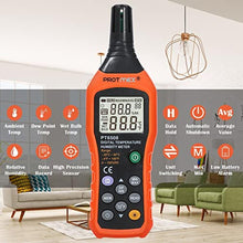 Load image into Gallery viewer, Protmex Digital Temperature Humidity Meter, Thermometer Hygrometer with Ambient Dew Point and Wet Bulb Temperature Indoor and Outdoor, Data Logger with Min/Max Hold, LCD Backlight, PT6508, BlackOrange_1451