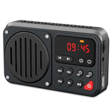 Load image into Gallery viewer, PRUNUS 405 Rechargeable FM Radio Bluetooth Speaker TF Card and USB 1500mah battery Earphone Jack Auto power on/off Clock Recording(No AM), Black_1