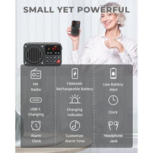 Load image into Gallery viewer, PRUNUS 405 Rechargeable FM Radio Bluetooth Speaker TF Card and USB 1500mah battery Earphone Jack Auto power on/off Clock Recording(No AM), Black_674