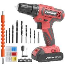 Load image into Gallery viewer, PULITUO Cordless Drill Set, 20V Electric Power Drill with Battery And Charger, 30N.m and 21+1 Torque, 2 Variable Speeds, with 59pcs Drill Driver Bits Kit, Screws Set(Red), vDrillRedSetB_1