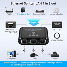 Load image into Gallery viewer, PVBCTCSID Ethernet Splitter 1 to 3 1000Mbps Internet Splitter High Speed Network Splitter Router Switch Work with Cat5/5e/6/7/8 Cable, Black_6221