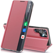 Load image into Gallery viewer, Qissy Phone Case for Samsung Galaxy S24 Ultra Case, Smart Clear View Luxury Mirror for S24 Ultra Case with Kickstand, Leather Hard PC Flip Shockproof Protective Cover Samsung S24 Ultra 5G Case (Pink)_1