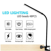 Load image into Gallery viewer, RAOYI LED Desk Lamp, 5W USB Clip on Light Eye-Caring Reading Clamp Table Lamp with 48 LEDs Flexible Neck, 3 Color Modes and 14 Brightness Levels for Office Bedroom Study (Black), BlackClipLamp_4631