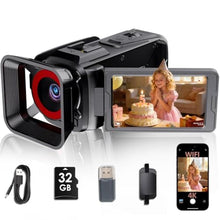 Load image into Gallery viewer, RAZPLYN 4K Video Camera Camcorder, 64MP Video Camera with 3 Flip Screen, 18X Zoom, WiFi, Webcam, 32GB SD Card, 2500mAh Battery (Black)_1