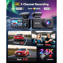 Load image into Gallery viewer, REDTIGER F17 Elite 4K Dash Cam 3 Channel, STARVIS 2 IMX678 & IMX675, 128GB Card, Full Night Color, 4K+2.5K+1080P Front and Rear Inside, Voice Control, 5GHz WiFi-30MB/s Download, GPS, HDR, Parking Mode, Black_92