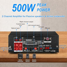 Load image into Gallery viewer, Romica AK55 Stereo Audio Amplifier, 2 Channel 500W Bluetooth 5.0 Home Audio Stereo Receivers with FM, Echo, AUX, USB, SD, MIC, Optical & Coaxial Inputs, AMP for Passive Speakers and Active subwoofer_3150