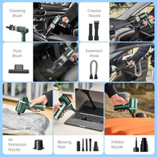 Load image into Gallery viewer, SakerPlus Hand Held Car Vacuum Cordless, 20000PA High Power Handheld Portable Vacuum & Air Duster for Car Home, 4-in-1 Mini Vacuum Cleaner with LED Display - Vacuuming, Blowing, Inflating & Deflating, Green_3761
