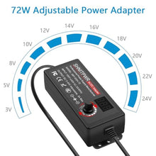 Load image into Gallery viewer, SHNITPWR Universal Power Supply Adjustable 3.5V~24V 3A 72W Variable 3.5V 5V 9V 12V 18V 20V 24V AC/DC Adapter, 100V-240V AC to DC Converter with 16 Tips,4-Way Power Splitter Cable,Polarity Converter, Black_264