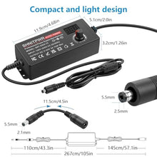 Load image into Gallery viewer, SHNITPWR Universal Power Supply Adjustable 3.5V~24V 3A 72W Variable 3.5V 5V 9V 12V 18V 20V 24V AC/DC Adapter, 100V-240V AC to DC Converter with 16 Tips,4-Way Power Splitter Cable,Polarity Converter, Black_267