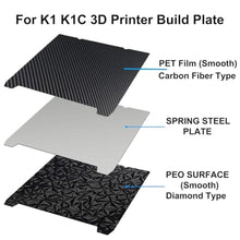 Load image into Gallery viewer, Sifrothy K1 K1C PEO PET Build Plate, Diamond PEO+Carbon Fiber PET Flexible Spring Steel Sheet (No Magnetic Base)235x235mm for Creality K1/K1C/K1 SE/Ender 3 S1/Ender 3 V3 SE/KE/Ender 3 V2/Ender 5 S1, DiamondPEOCarbonFiberPET_1385