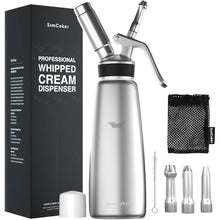 Load image into Gallery viewer, SimCoker Whipped Cream Dispenser,Aluminum 500ml Whipped Cream Maker,3 Decorating Nozzles,1 Brush,1 Storage Bag,withou N2O Chargers,Sliver, Silver_1