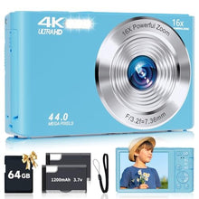 Load image into Gallery viewer, SMARTKLIK Digital Camera for Teens, FHD 4K 44MP with 64GB SD Card, 16X Digital Zoom, Compact Point Shoot Camera Blue_1