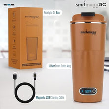 Load image into Gallery viewer, SmrtMugg GO Heated Coffee Mug, Travel Mug, 13.5 OZ. Smart Mug, Battery Powered Heated Coffee Mug, Great for Coffee and Tea, Snap on Magnetic Charging Cord, New and Improved (Pumpkin Spice), PumpkinSpice_6093