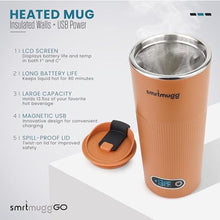 Load image into Gallery viewer, SmrtMugg GO Heated Coffee Mug, Travel Mug, 13.5 OZ. Smart Mug, Battery Powered Heated Coffee Mug, Great for Coffee and Tea, Snap on Magnetic Charging Cord, New and Improved (Pumpkin Spice), PumpkinSpice_6094