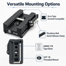 Load image into Gallery viewer, SOARSHOT PTC-65 Picatinny Arca Type Quick Release Plate, CNC Aluminum 2-in-1 Rail Clamp for Shooting Tripod Ball Heads, ARMS 17S Type Base, QD Sling Holes, 3/8"-16 Thread, Magnetic Hex Key Storage_251