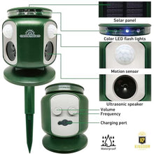 Load image into Gallery viewer, Solar Animal Repeller with Expanded Detection Range - Animal Repellent Outdoor Motion Activated by 2 Powerful Sensors, Wider Range of 220 Degrees, Stronger LED Lights, 2 Alarms and Free USB Cable, Green_68