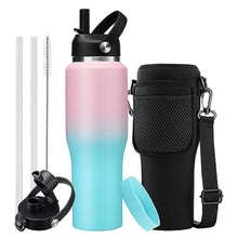 Load image into Gallery viewer, Stainless Steel Water-Bottles Fits in Cup Holder - 40 oz Water Bottle with Straw & Sleeve, Keeps Cold 48h/Hot 24h, Tumbler with Handle for Women & Men, PinkGreen_1