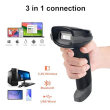 Load image into Gallery viewer, Sumicor Wireless Barcode Scanner, Bluetooth 2.4G 3-in-1 1D 2D QR Scanner with Wireless Receiver Stand, Handheld Barcode Reader for Inventory, Store, Library, Black_1269