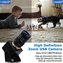 Load image into Gallery viewer, SVPRO 8MP USB Camera, Manual Focus Webcam with Varifocal 5-50mm CS Mount Lens-10X Zoom External Camera for Laptop PC Computer, UVC Plug and Play UVC_8408
