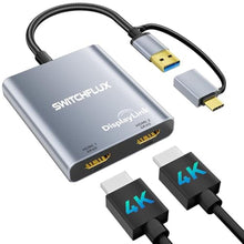 Load image into Gallery viewer, SWITCHFLUX USB C to Dual HDMI Adapter |4k@60Hz| for Mac M1/M2/M3,Displaylink(DL6950) HDMI Spilitter Extended Display for Dual Monitors Compatible with Windows, MacBook Pro/Air,Driver Required, Silver_1