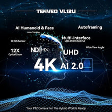 Load image into Gallery viewer, Tenveo 4K NDI PTZ Camera, AI Humanoid & Face Auto-Tracking, 12X Optical Zoom Wide Angle, USB3.0/HDMI/LAN PoE IP Live Streaming for Church Video Conference Broadcast YouTube OBS, ClassicSilver_542