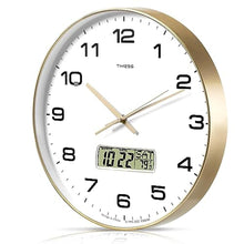 Load image into Gallery viewer, TIMESS Wall Clock, 14" Large Dial Non-Ticking Silent Battery Operated Analog with LCD Display for Perpetual Calendar and F Temperature, Ideal Modern Home, Bedroom, Office Decor (Gold)_1