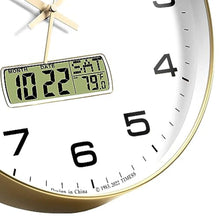 Load image into Gallery viewer, TIMESS Wall Clock, 14" Large Dial Non-Ticking Silent Battery Operated Analog with LCD Display for Perpetual Calendar and F Temperature, Ideal Modern Home, Bedroom, Office Decor (Gold)_419