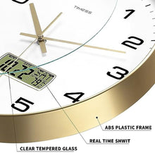 Load image into Gallery viewer, TIMESS Wall Clock, 14" Large Dial Non-Ticking Silent Battery Operated Analog with LCD Display for Perpetual Calendar and F Temperature, Ideal Modern Home, Bedroom, Office Decor (Gold)_420