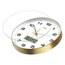 Load image into Gallery viewer, TIMESS Wall Clock, 14" Large Dial Non-Ticking Silent Battery Operated Analog with LCD Display for Perpetual Calendar and F Temperature, Ideal Modern Home, Bedroom, Office Decor (Gold)_421