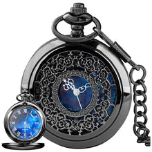 Load image into Gallery viewer, Tiong Exquise Starry Blue Hollow Case Quartz Pocket Watch Roman Numerals Retro Watches Souvenir Men Women Gift, blackblue_1