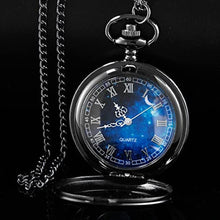 Load image into Gallery viewer, Tiong Exquise Starry Blue Hollow Case Quartz Pocket Watch Roman Numerals Retro Watches Souvenir Men Women Gift, blackblue_8548