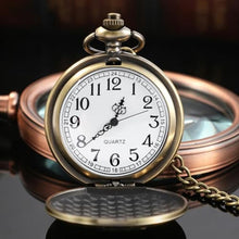 Load image into Gallery viewer, Tiong Pocket Watch Engraved Cowboy Arabic Numerals Quartz with Chain Gifts, bronze_7831