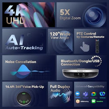 Load image into Gallery viewer, TONGVEO 4K Conference Room Camera System with Gesture Control, AI Auto-Tracking PTZ Camera 5X Digital Zoom with Speakerphone Set 120 Wide-Angle USB3.0 for Remote Meetings Zoom Teams OBS and More, Obsidian_4249