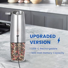 Load image into Gallery viewer, UNNEES Rechargeable Electric Salt and Pepper Grinder set of 2, gravity electric salt and pepper grinder set, Adjustable Roughness, LED Light, 2 Pack, (Silver)_2