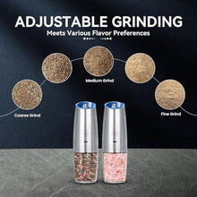 Load image into Gallery viewer, UNNEES Rechargeable Electric Salt and Pepper Grinder set of 2, gravity electric salt and pepper grinder set, Adjustable Roughness, LED Light, 2 Pack, (Silver)_3