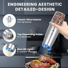 Load image into Gallery viewer, UNNEES Rechargeable Electric Salt and Pepper Grinder set of 2, gravity electric salt and pepper grinder set, Adjustable Roughness, LED Light, 2 Pack, (Silver)_4